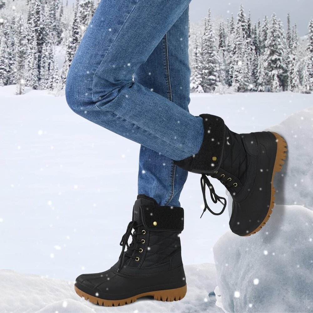 Women's Black Waterproof Insulated Snow Boots Lace-Up Mid Calf Duck Boots - Picture 2 of 7